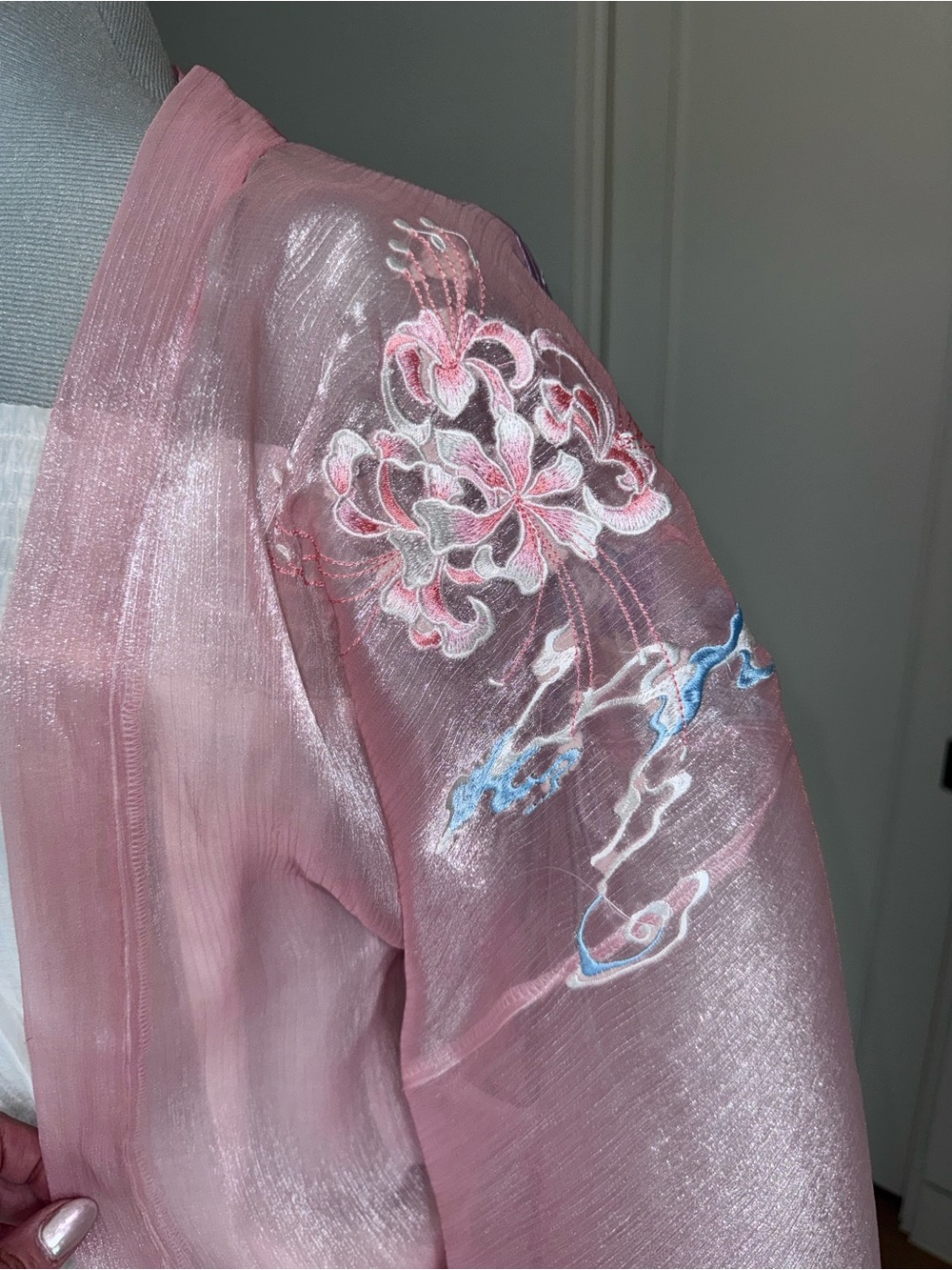 Sheer Pink Embroidered Kimono with Blue Bird Motif - Picture 6 of 8